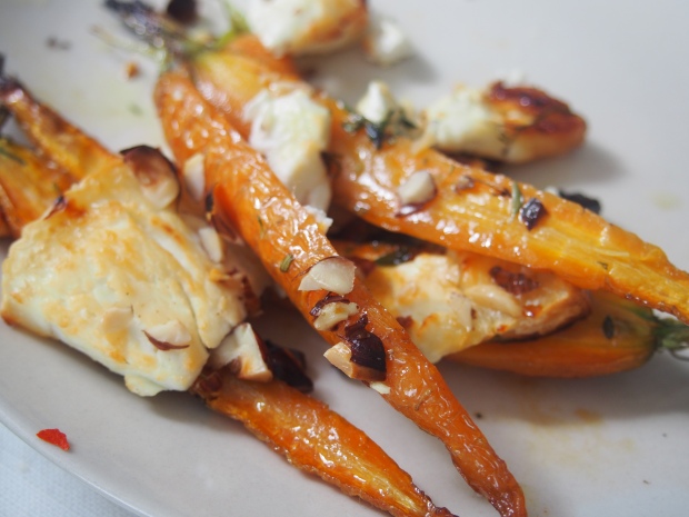 Early carrots with chevre, honey and hazelnuts